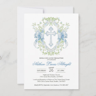 Baptism Cross Crest Greenery Baby Boy Invitation