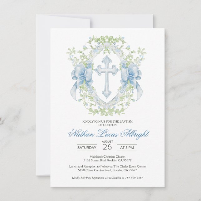 Baptism Cross Crest Greenery Baby Boy Invitation (Front)