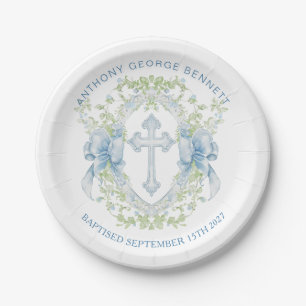 Baptism Cross Crest Greenery Baby Boy Paper Plate