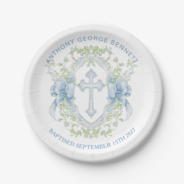 Baptism Cross Crest Greenery Baby Boy Paper Plate (Front)