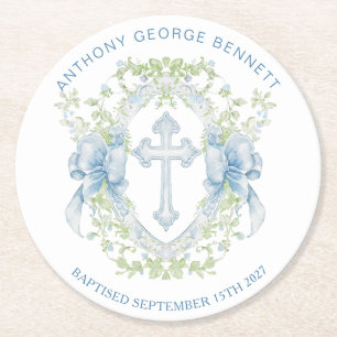 Baptism Cross Crest Greenery Baby Boy  Round Paper Coaster