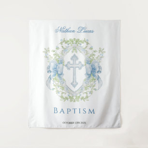 Baptism Cross Crest Greenery Baby Boy Tapestry