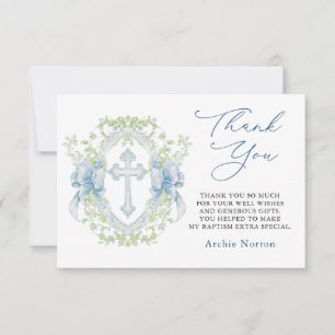 Baptism Cross Crest Greenery Baby Boy Thank You Card