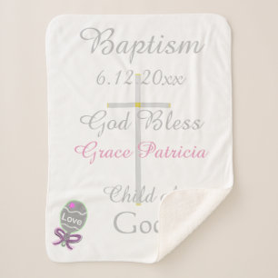 Baptism Cross Girl Pink Rattle Medium Sherpa Blanket