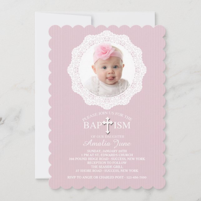 Baptism Cross Pink Photo Invitation (Front)