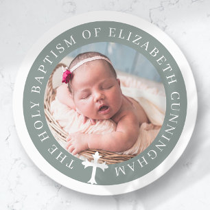 Baptism Custom Photo and Cross Classic Round Sticker