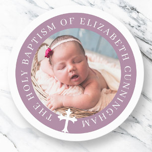 Baptism Custom Photo and Cross Classic Round Sticker