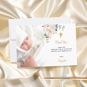 Baptism custom photo floral white gold thank you card