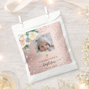 Baptism custom photo rose gold girl florals favour bags