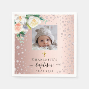 Baptism custom photo rose gold girl florals napkin