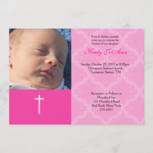 Baptism Dedication Girl Pink 5x7 Damask Photo Invitation