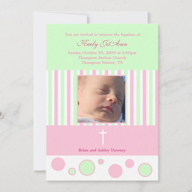 Baptism Dedication Girl Pink Green Bubbles Invitation (Front)