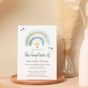 Baptism Dusty Blue and White Boho   Rainbow  Invitation