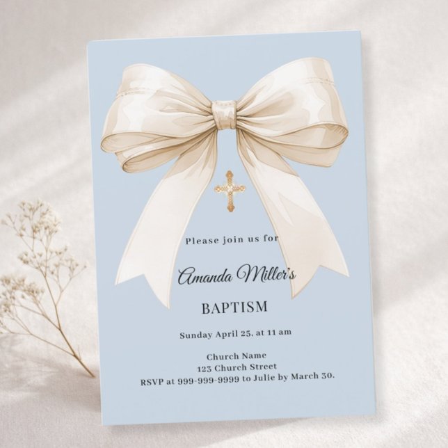 Baptism dusty blue beige bow boy invitation (Creator Uploaded)