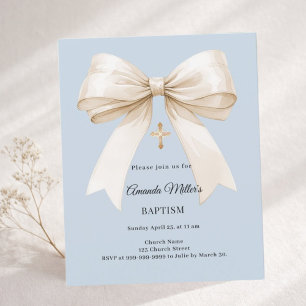 Baptism dusty blue beige bow boy invitation