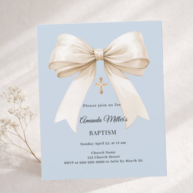 Baptism dusty blue beige bow boy invitation (Creator Uploaded)