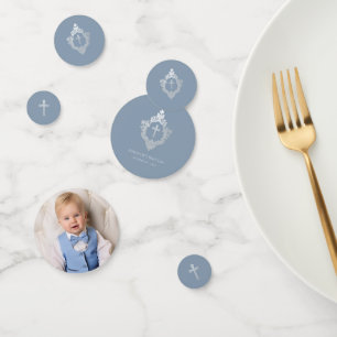 Baptism Dusty Blue Elegant Boy Photo Cross & Crest Confetti