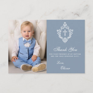 Baptism Dusty Blue Elegant Boy Photo Cross & Crest Thank You Card