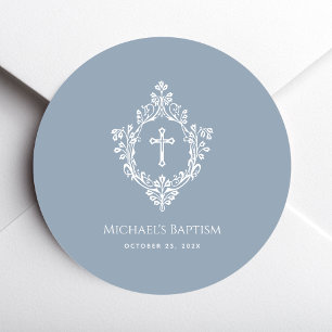 Baptism Dusty Blue Elegant Boy White Cross Crest  Classic Round Sticker