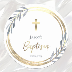 Baptism dusty blue faux gold foil classic round sticker