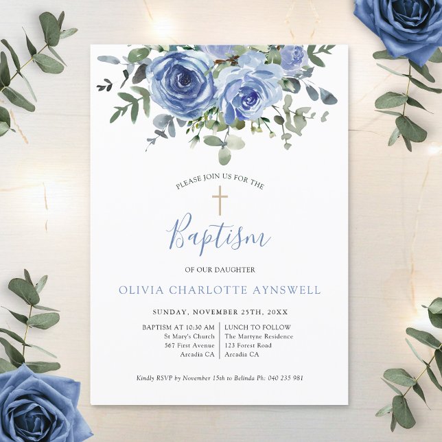  Baptism Dusty Blue Rose Eucalyptus Christening Invitation (Creator Uploaded)