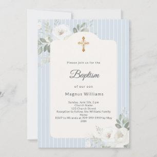 Baptism dusty blue stripes white florals boy invitation