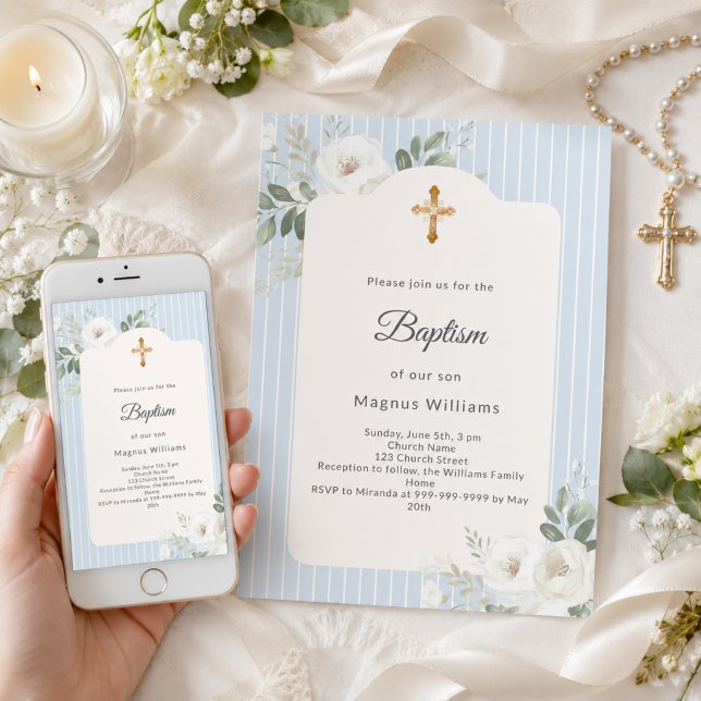 Baptism dusty blue stripes white florals boy invitation (Creator Uploaded)