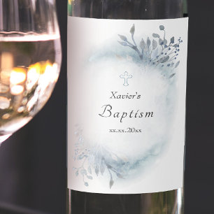 Baptism dusty blue watercolor greenery wine label