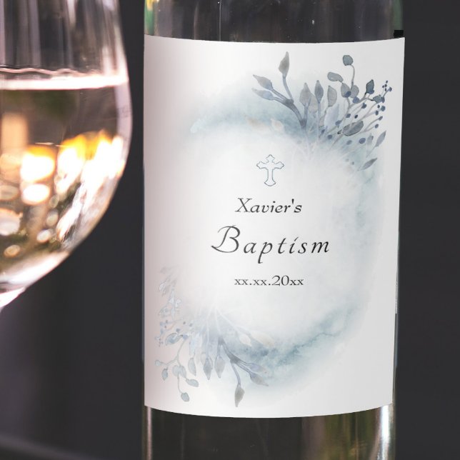Baptism dusty blue watercolor greenery wine label (Creator Uploaded)