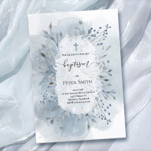 Baptism dusty blue watercolor splash foliage invitation