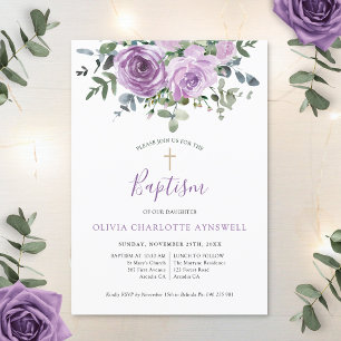  Baptism Dusty Mauve Rose Eucalyptus Christening Invitation