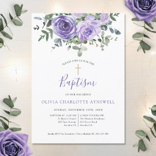  Baptism Dusty Purple Rose Eucalyptus Christening Invitation