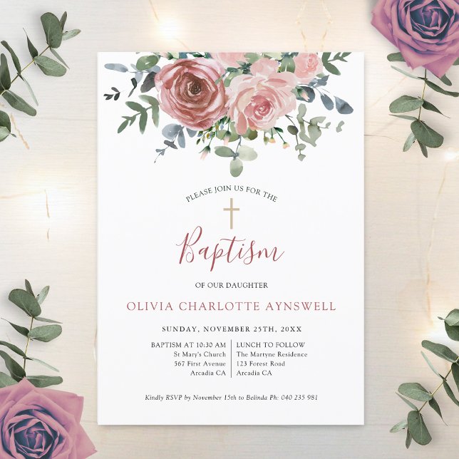  Baptism Dusty Rose Eucalyptus Christening Invitation (Creator Uploaded)