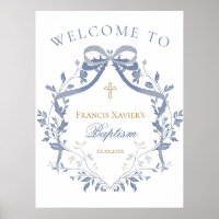 Baptism elegant blue bow welcome sign