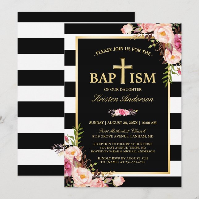 Baptism - Elegant Floral Gold Black White Stripes Invitation (Front/Back)