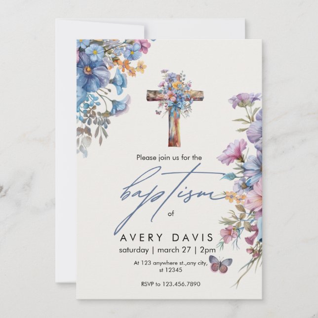 Baptism elegant modern blue watercolor cross  invitation (Front)