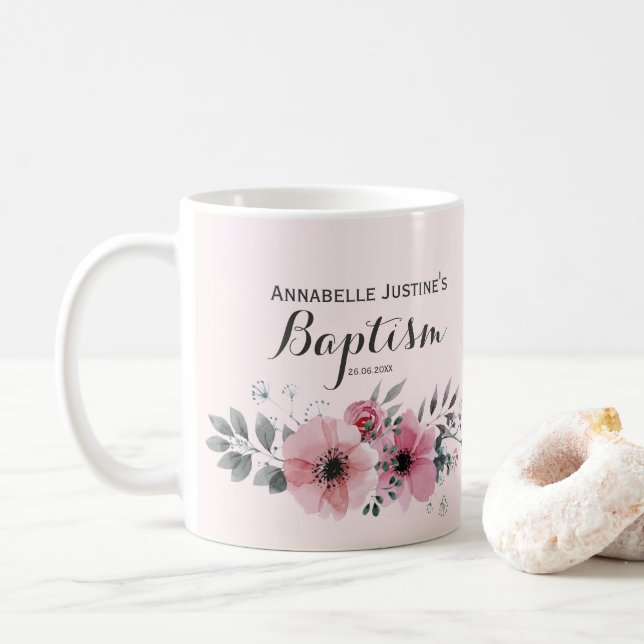 Baptism Elegant Pink Floral Coffee Mug (With Donut)
