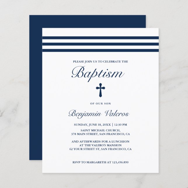 BAPTISM Elegant Striped navy Blue Cross Budget (Front/Back)