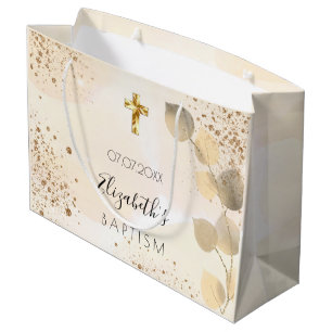 Baptism eucalyptus glitter golden monogram large gift bag