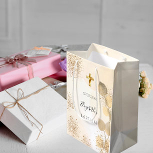 Baptism eucalyptus glitter golden monogram medium gift bag