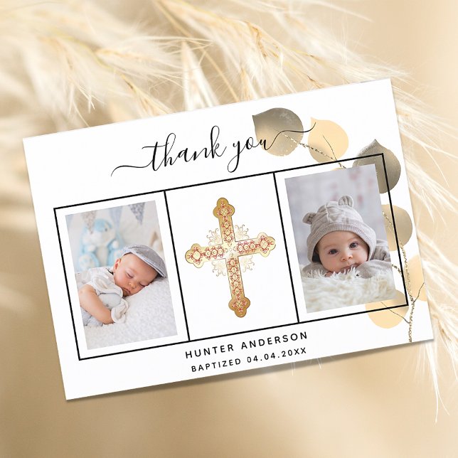 Baptism eucalyptus gold photo thank you card (Creator Uploaded)