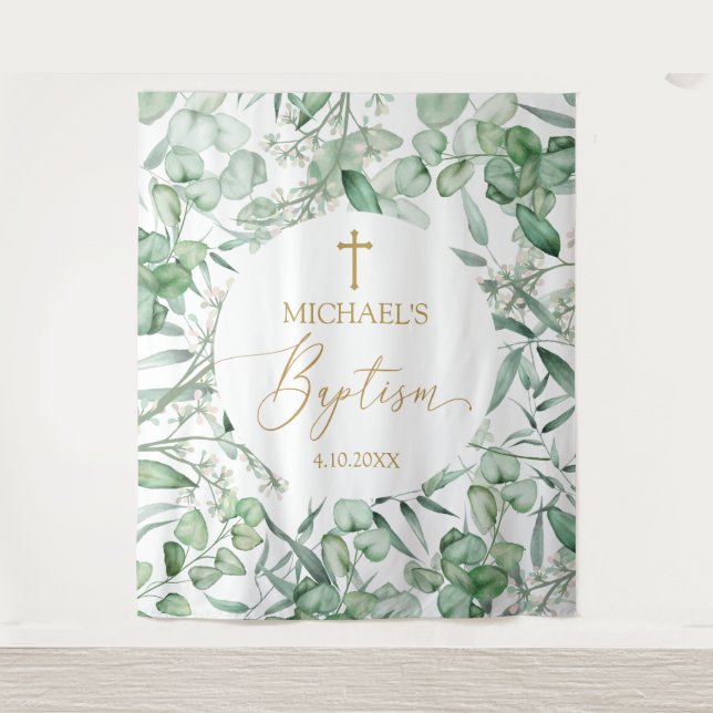 Baptism Eucalyptus greenery backdrop banner Tapestry (Front)