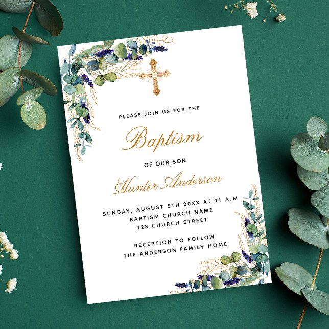 Baptism eucalyptus greenery blue boy luxury invitation (Creator Uploaded)