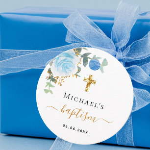 Baptism eucalyptus greenery blue floral boy favour tags