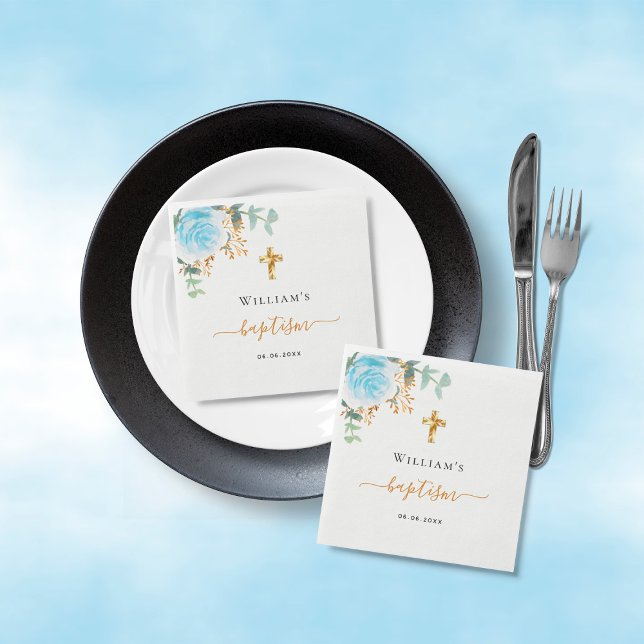 Baptism eucalyptus greenery blue floral boy napkin (Creator Uploaded)