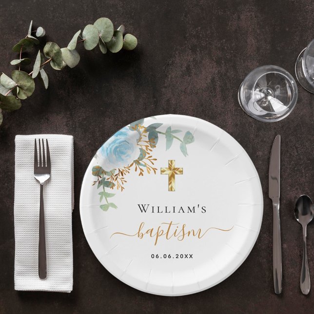 Baptism eucalyptus greenery blue floral boy paper plate (Creator Uploaded)