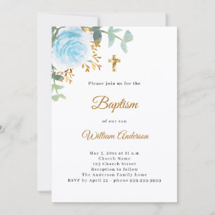 Baptism eucalyptus greenery blue florals boy invitation
