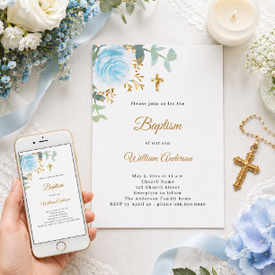 Baptism eucalyptus greenery blue florals boy invitation
