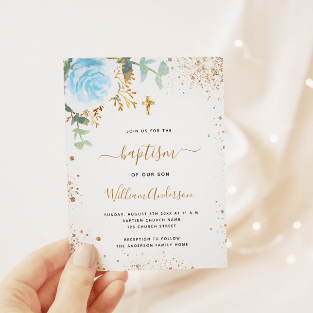 Baptism eucalyptus greenery blue gold floral boy invitation postcard (Creator Uploaded)
