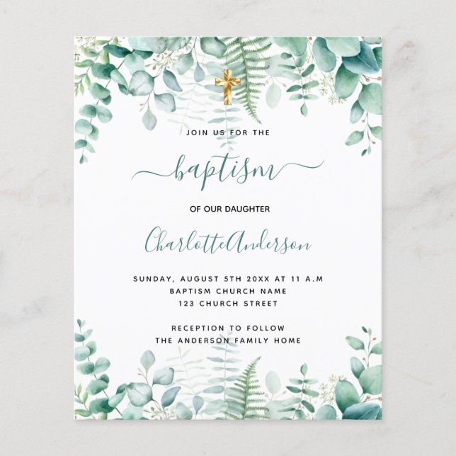 Baptism eucalyptus greenery budget invitation flyer (Front)